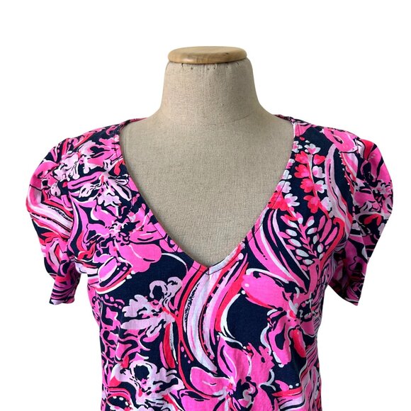 Lilly Pulitzer Womens Sz M Pink & Navy Floral V-Neck Short Sleeve Dress - Picture 3 of 10